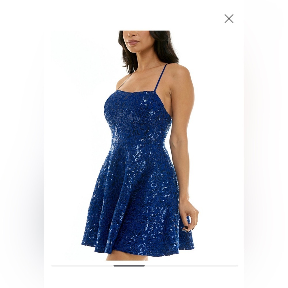 Embroidered Sequin Square Neck Spaghetti Strap Criss Cross Back Fit & Flare - Picture 4 of 10